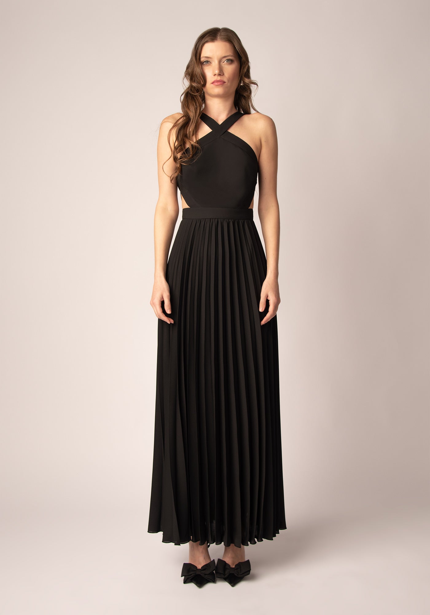 Cutouts Chiffon Gown with Soleil Pleats in Black