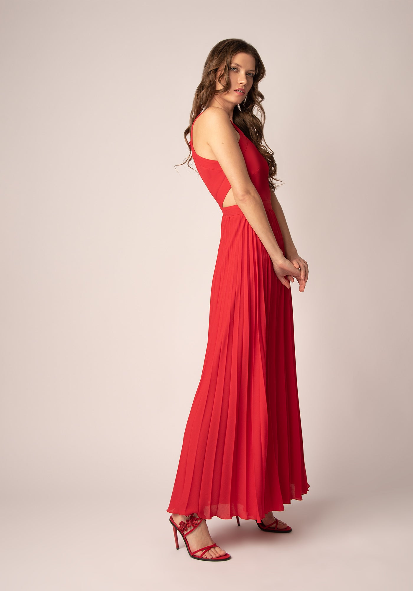 Cutouts Chiffon Gown with Soleil Pleats in Red