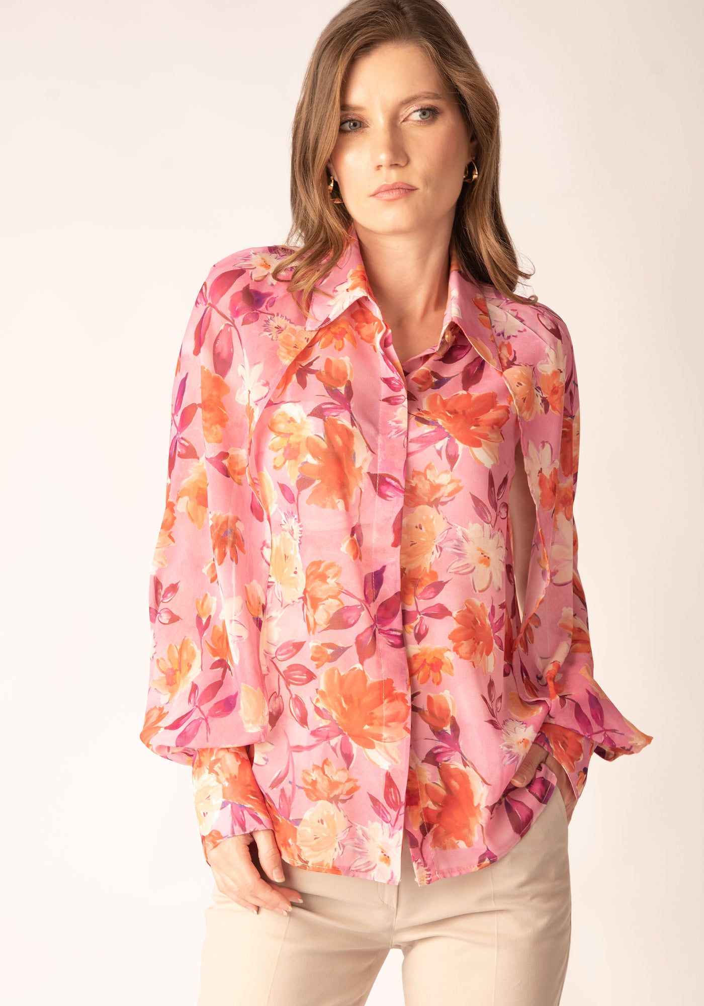 Women's Slit Sleeve Shirt in Floral Chiffon