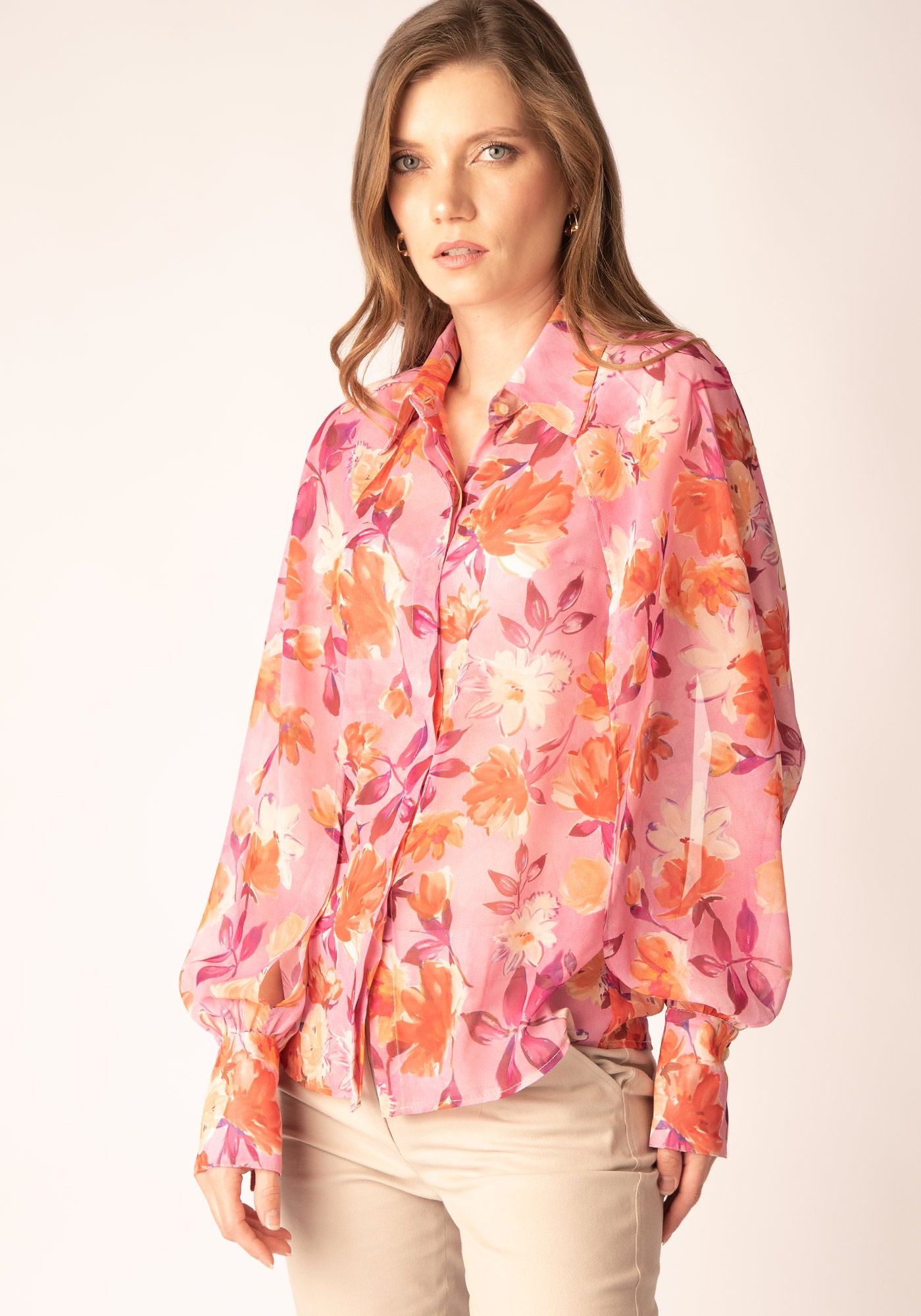 Women's Slit Sleeve Shirt in Floral Chiffon