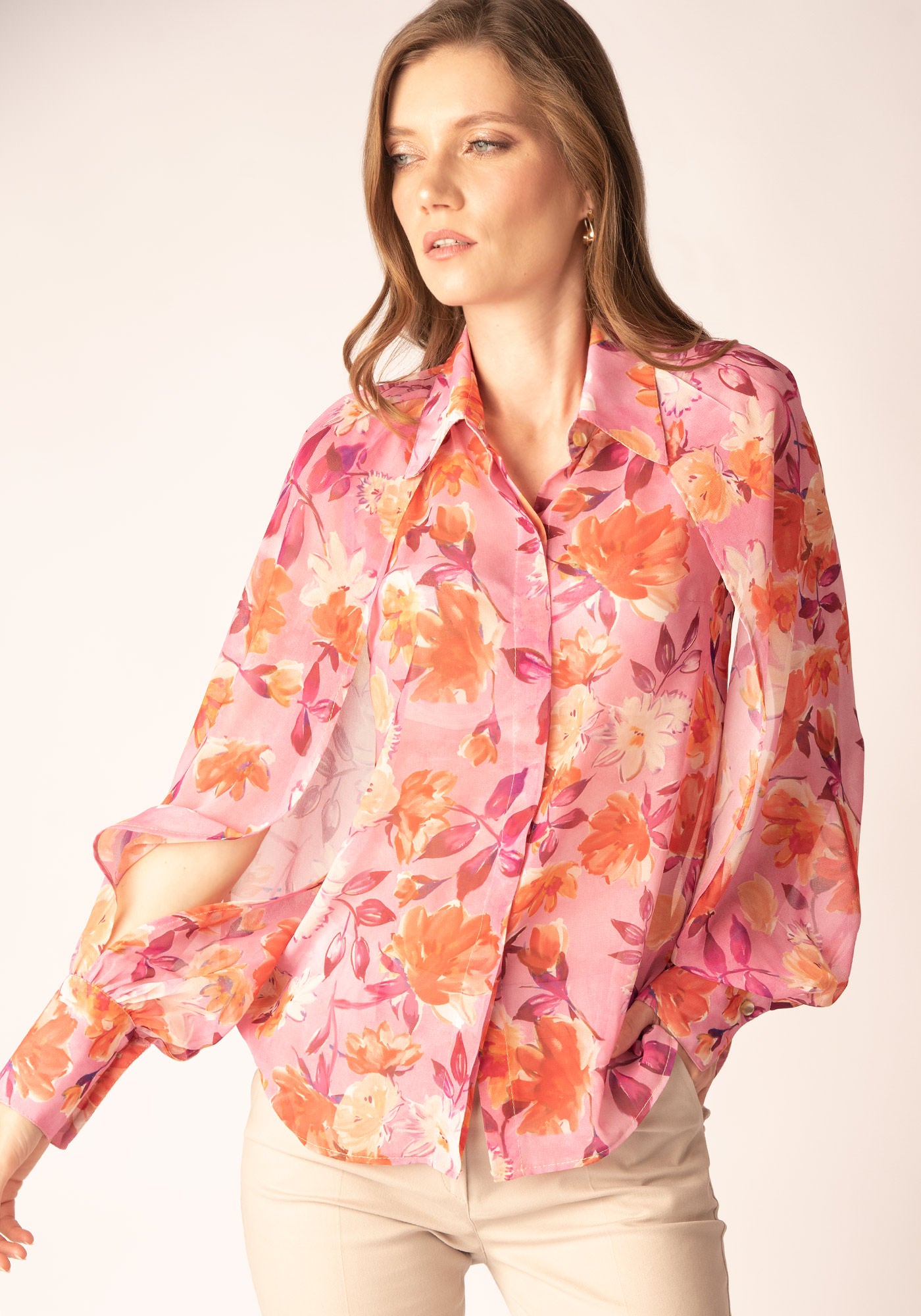 Women's Slit Sleeve Shirt in Floral Chiffon