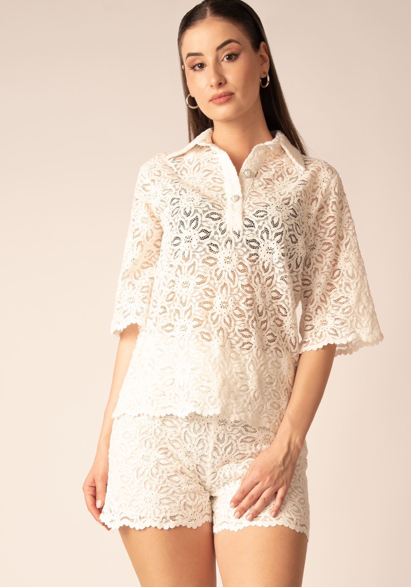 Women's Collared Lace Blouse in Ecru