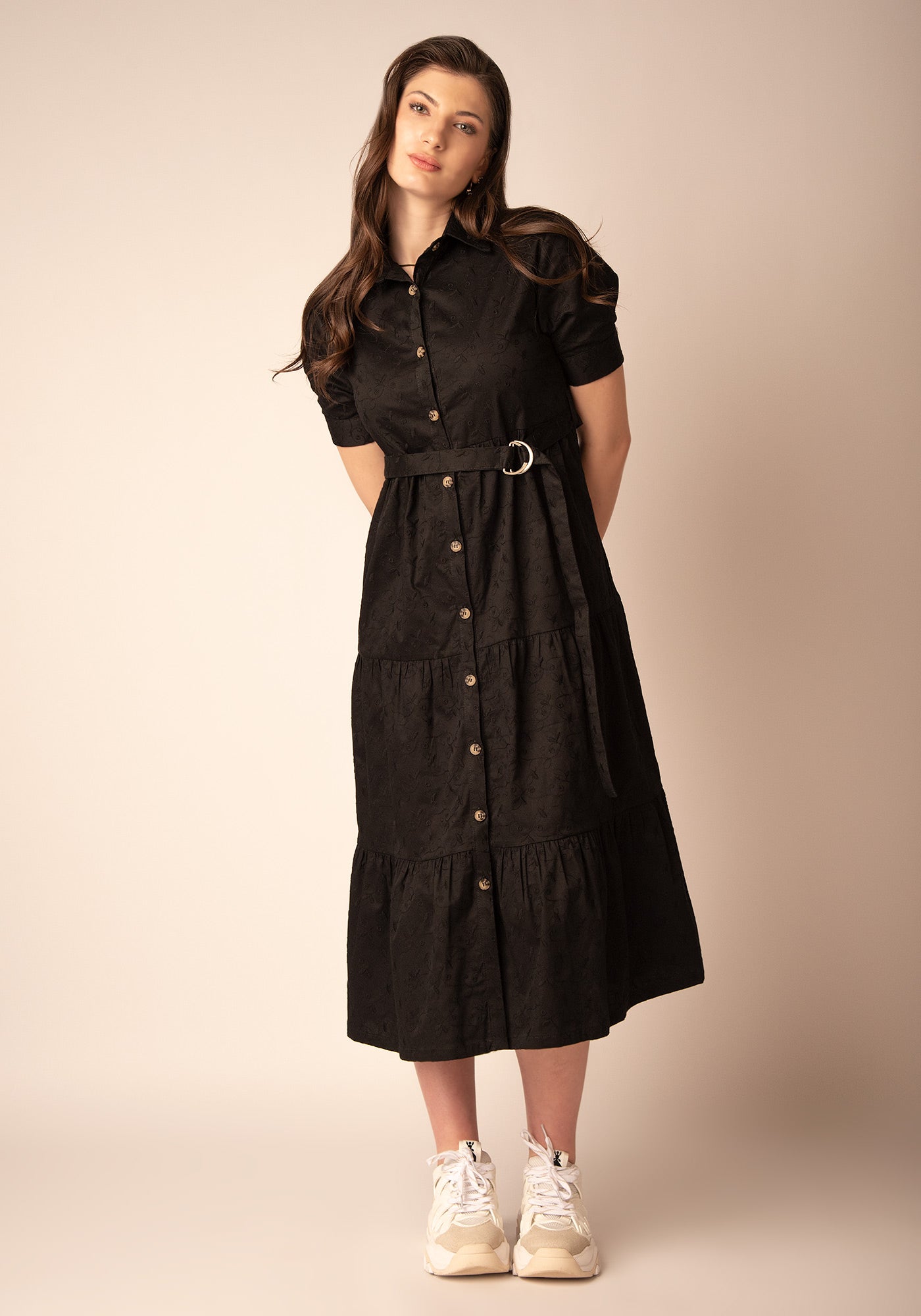 Women's Tiered Midi Dress in Black embroidery