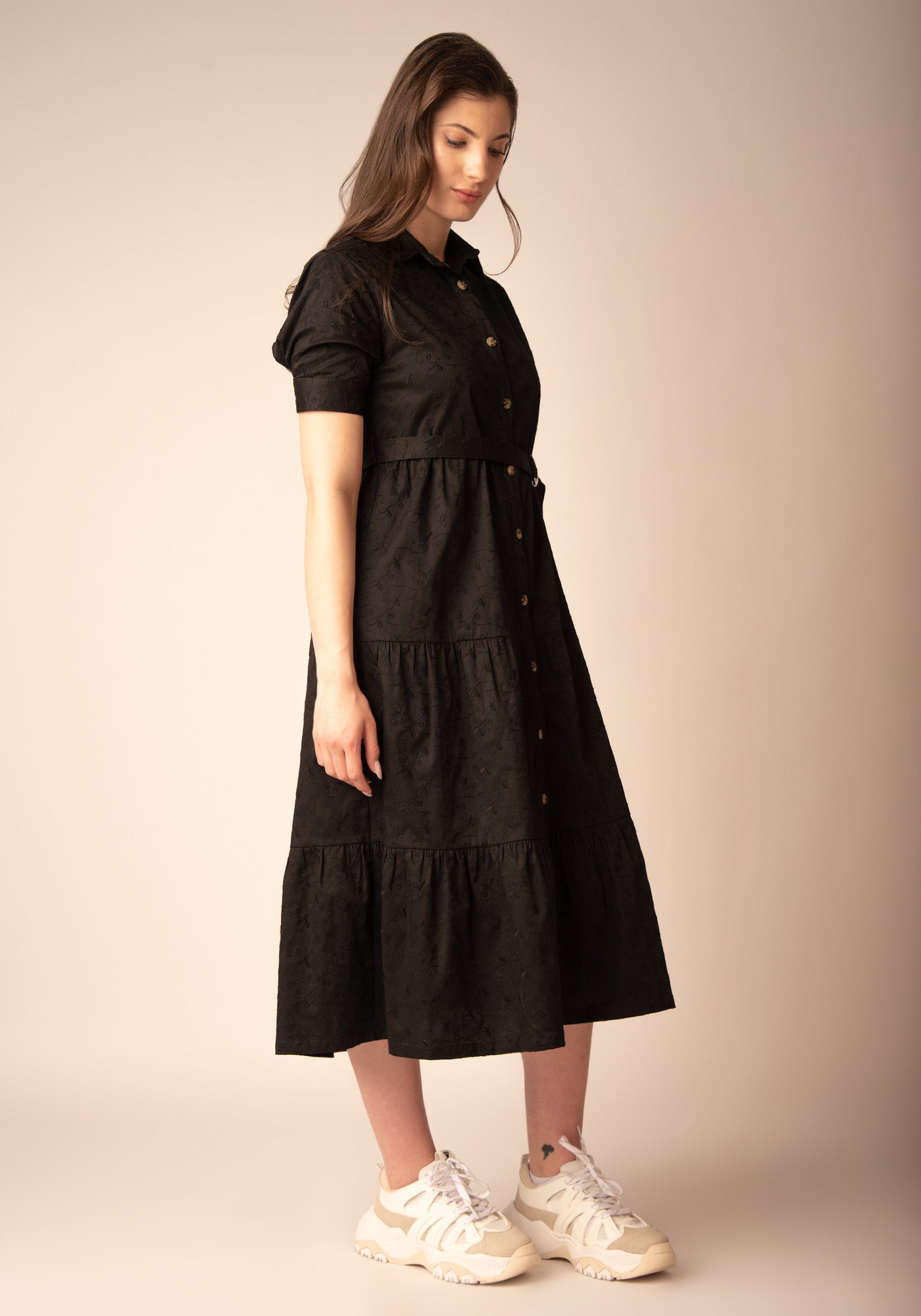 Women's Tiered Midi Dress in Black embroidery