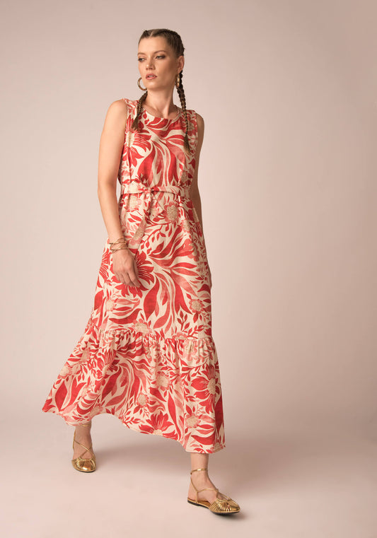 Women's Maxi Linen Dress in Coral flowers