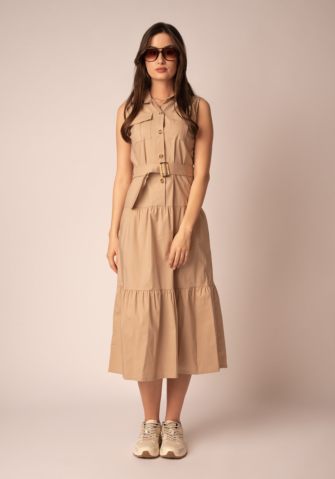 Women's Belted Summer Dress - Beige