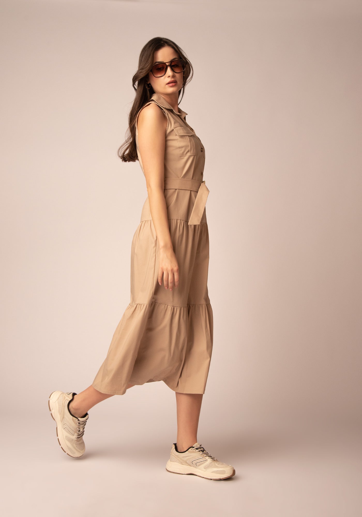 Women's Belted Summer Dress - Beige