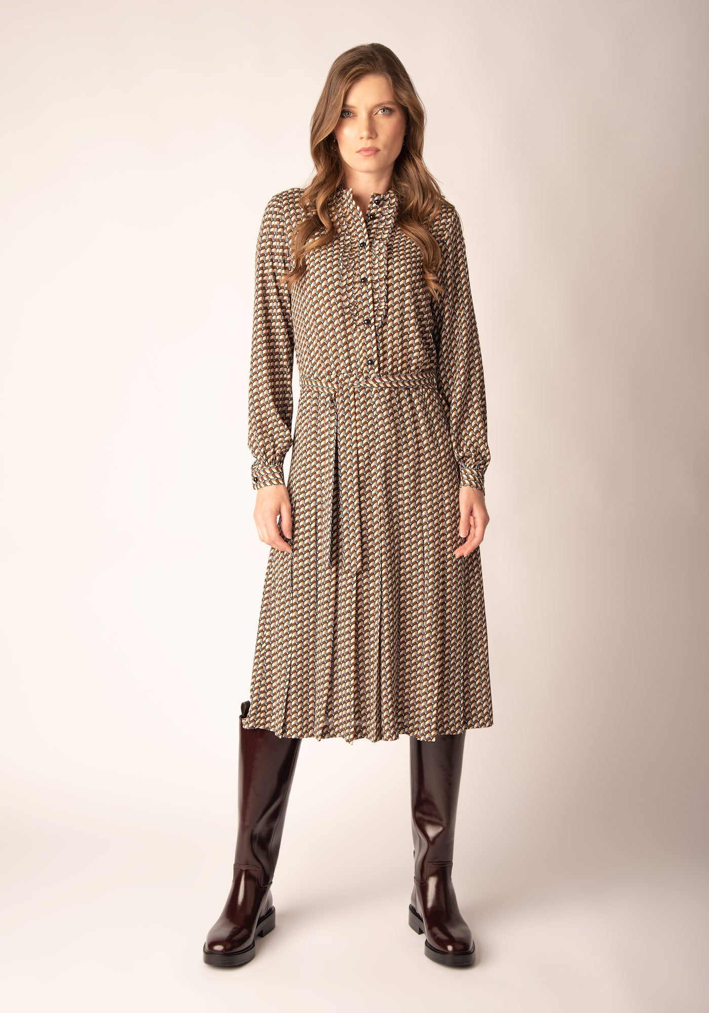 Midi Dress with Block pleats in Multicolour Georgette