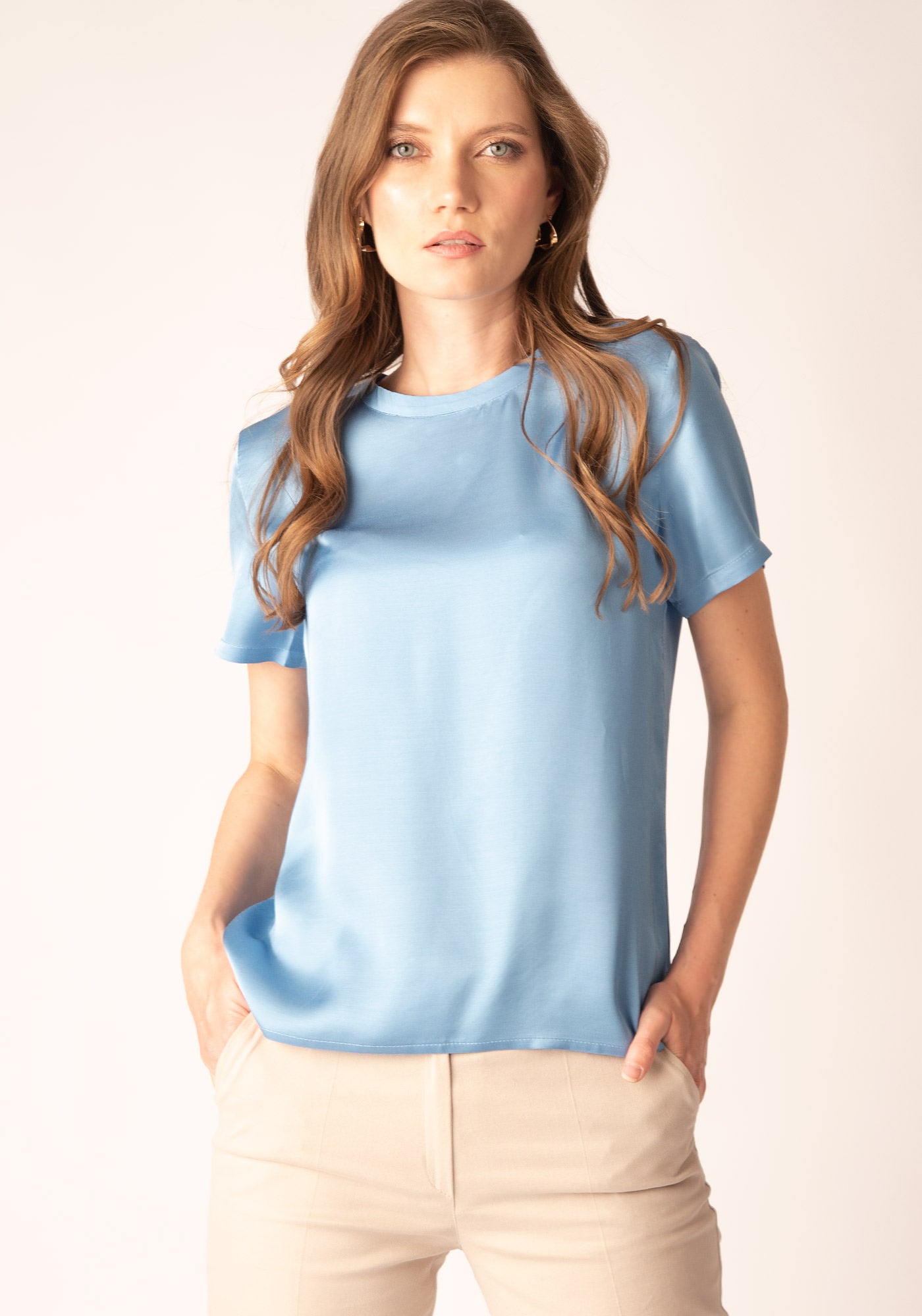 Women's Satin Crew Neck Tee in Blue