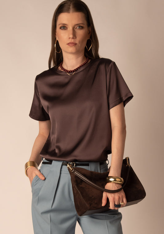 Women's Satin Crew Neck Tee in Brown