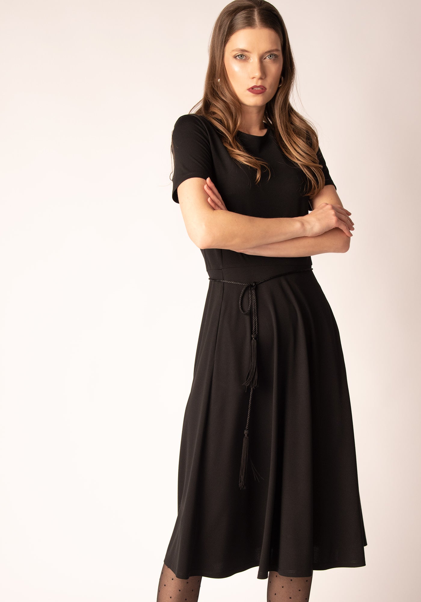 Flared Midi Dress in Black Jersey