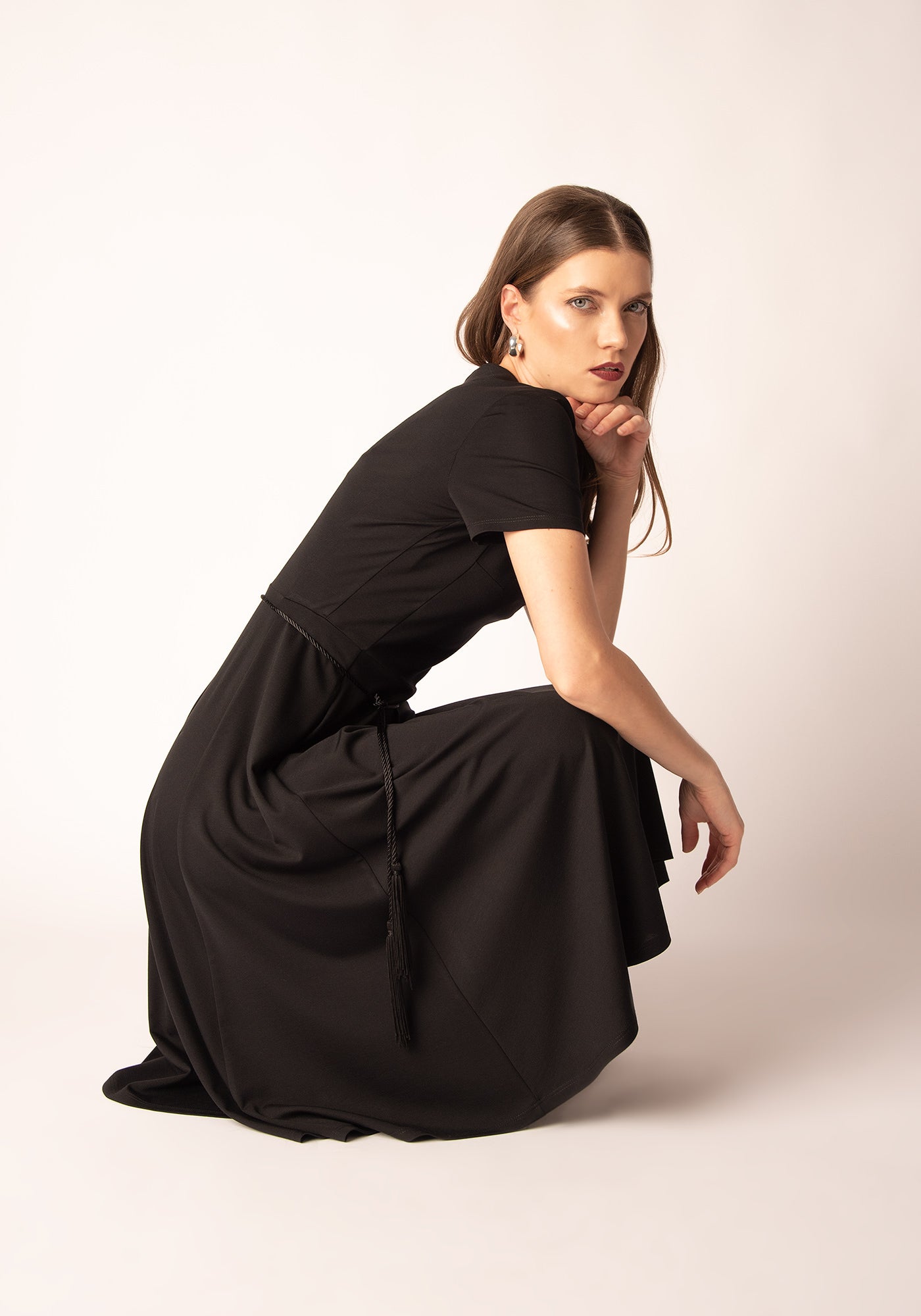 Flared Midi Dress in Black Jersey