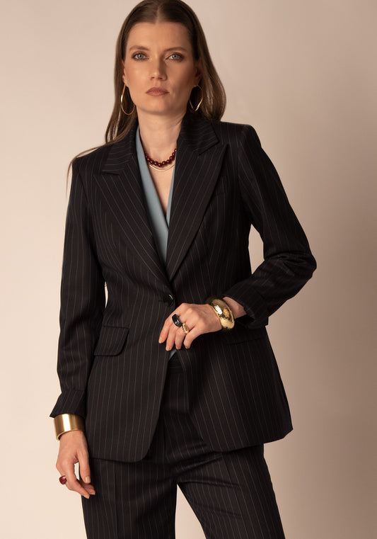 Virgin Wool Pinstripe Tailored Blazer in Navy