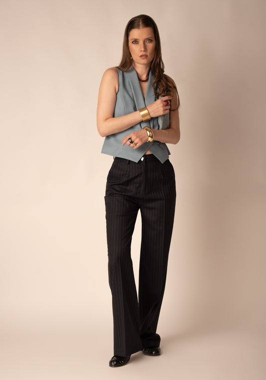 Virgin Wool Pinstripe Tailored Trousers in Navy