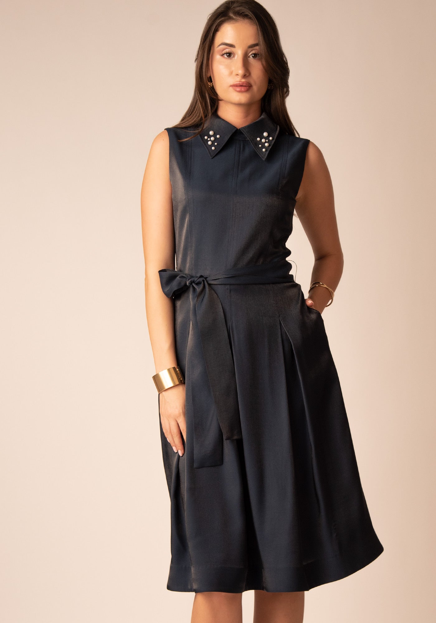 Fit-and-Flare Midi Dress in Navy