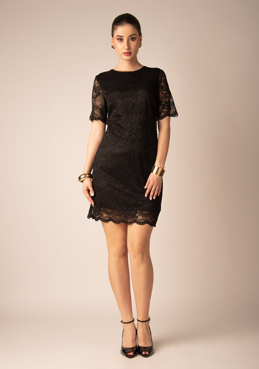 Midi Рокля с Ръкави от Дантела в Черно