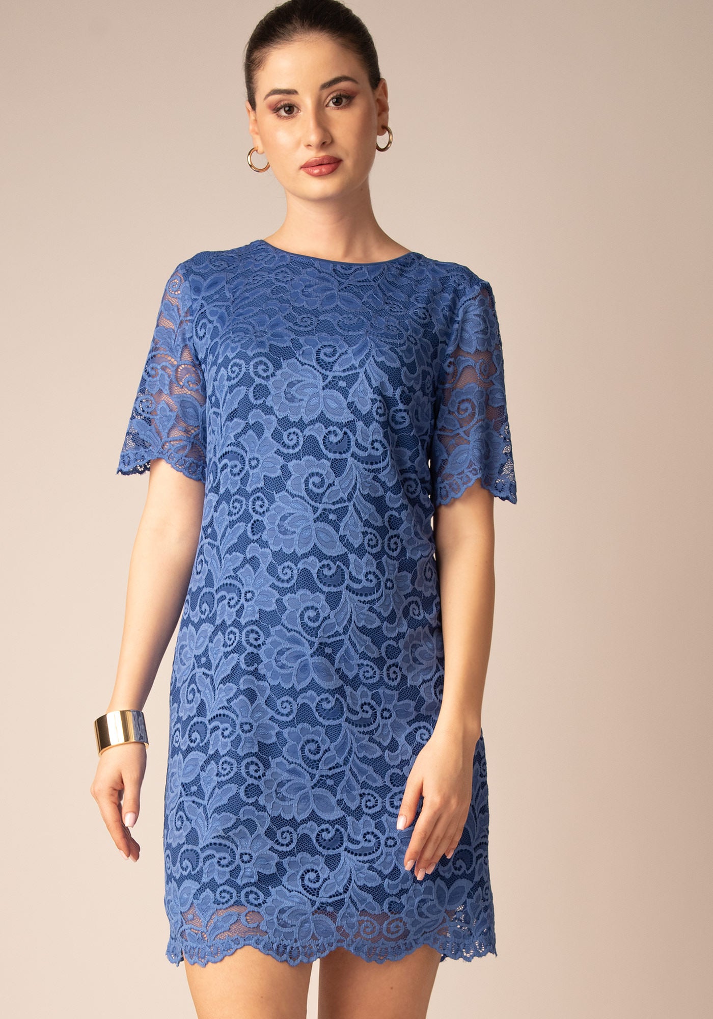 Midi Рокля с Ръкави от Дантела в Синьо