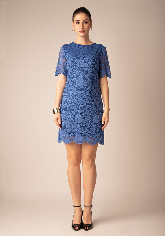 Midi Рокля с Ръкави от Дантела в Синьо