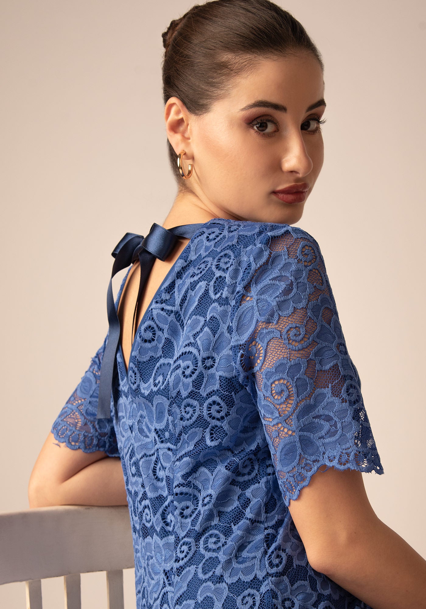 Midi Рокля с Ръкави от Дантела в Синьо