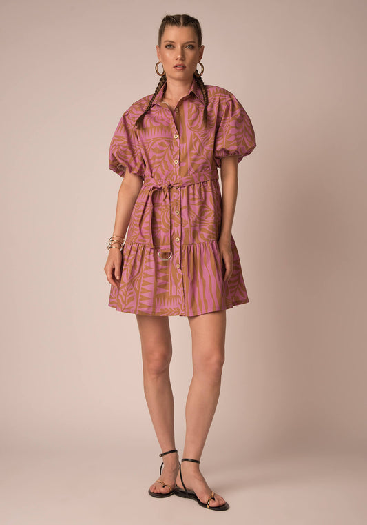 Tiered Mini Dress in Pink/Brown Cotton Poplin