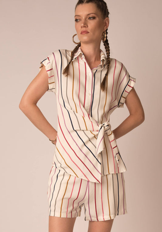 Striped Short Sleeve Blouse with Tie Front