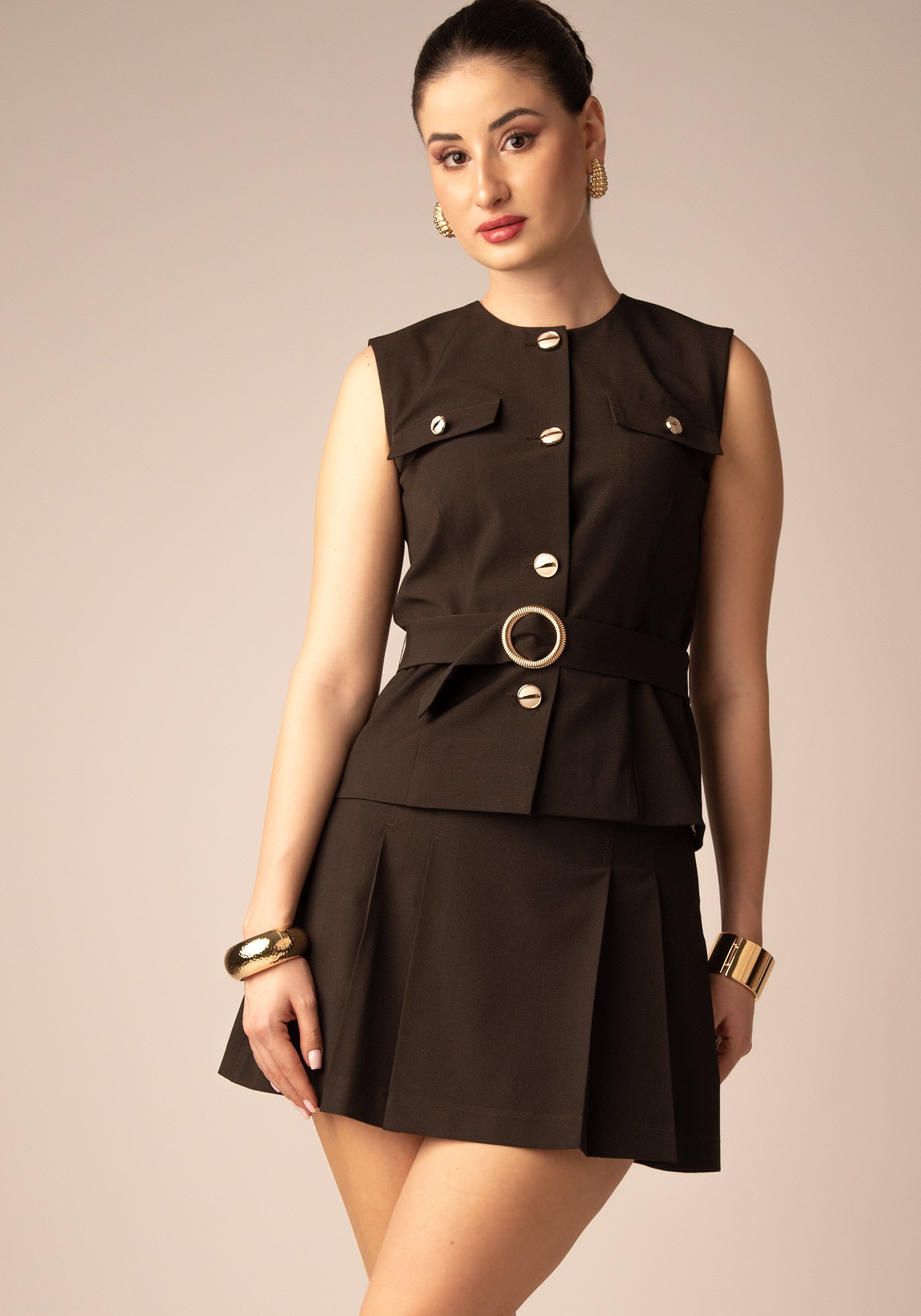 Плисирана Мини Пола в Кафяво