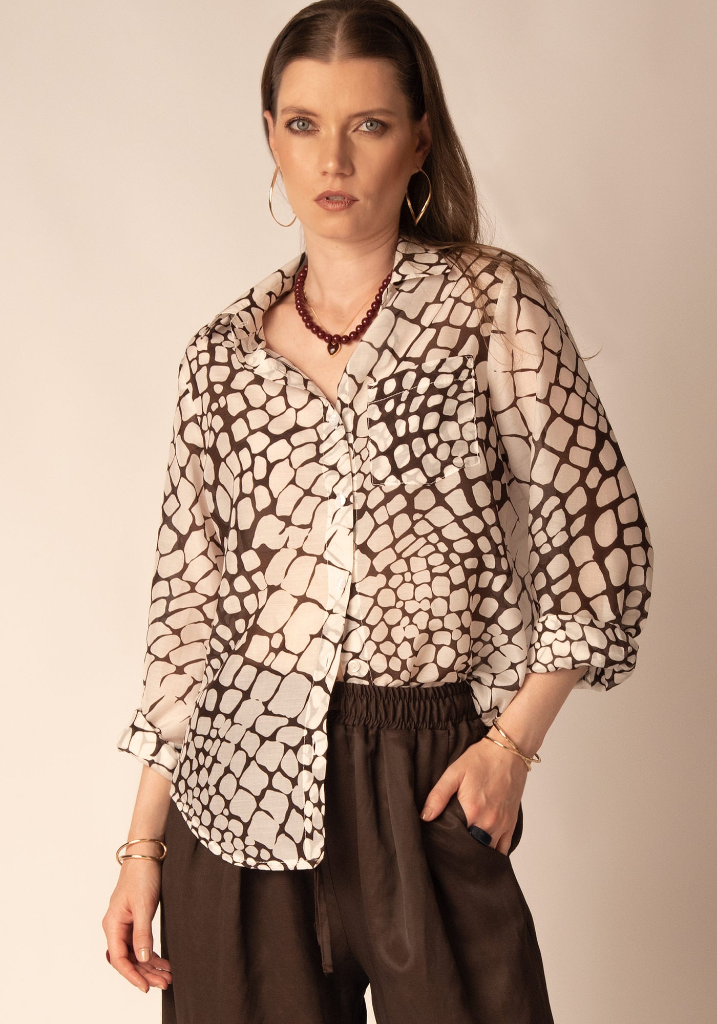 Women's Relaxed Sheer Cotton Shirt in Brown print