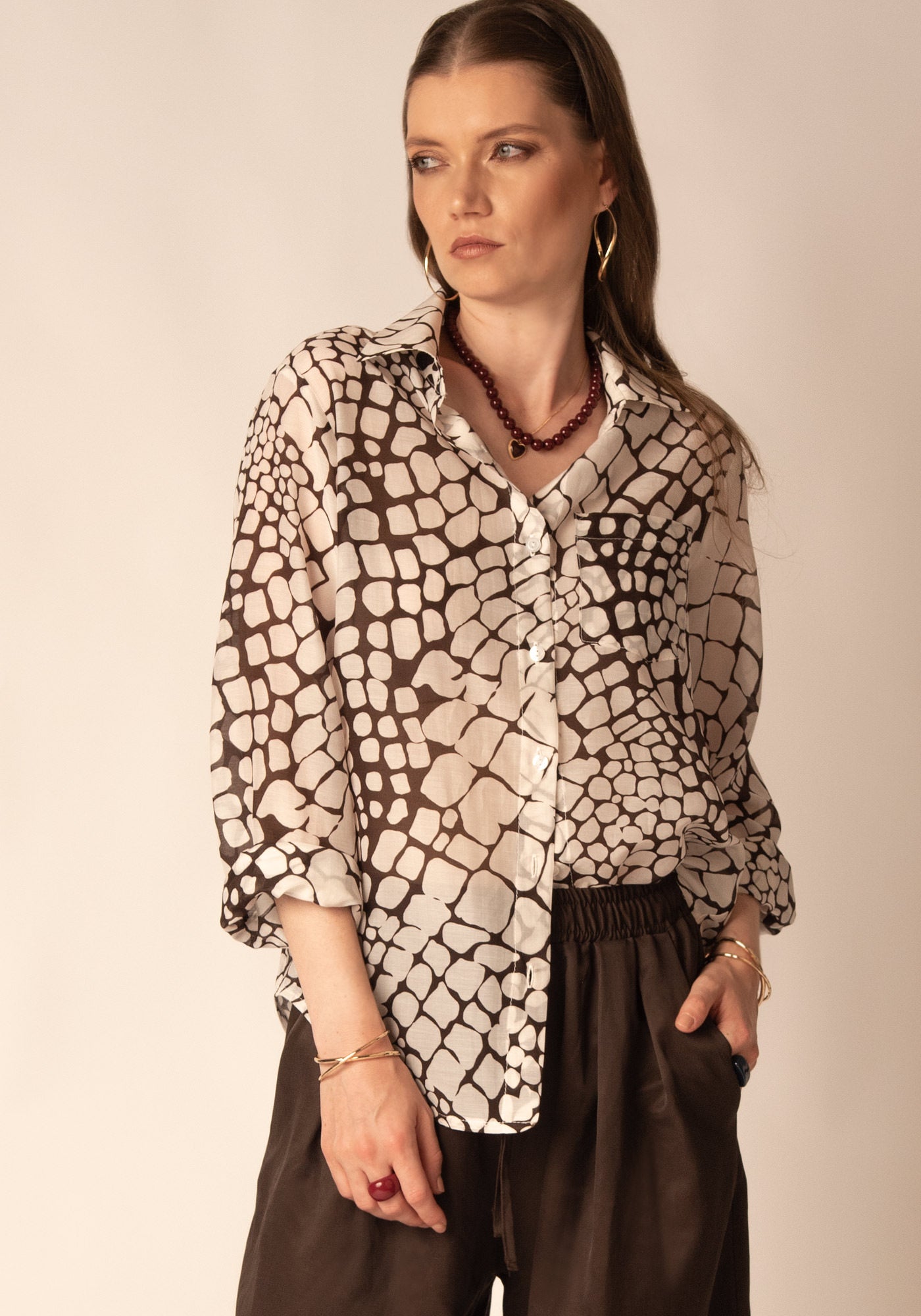 Women's Relaxed Sheer Cotton Shirt in Brown print