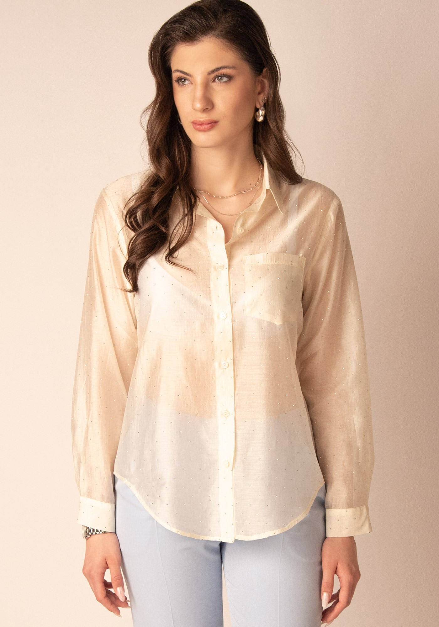 Sheer Glow Embellished Shirt in Ecru