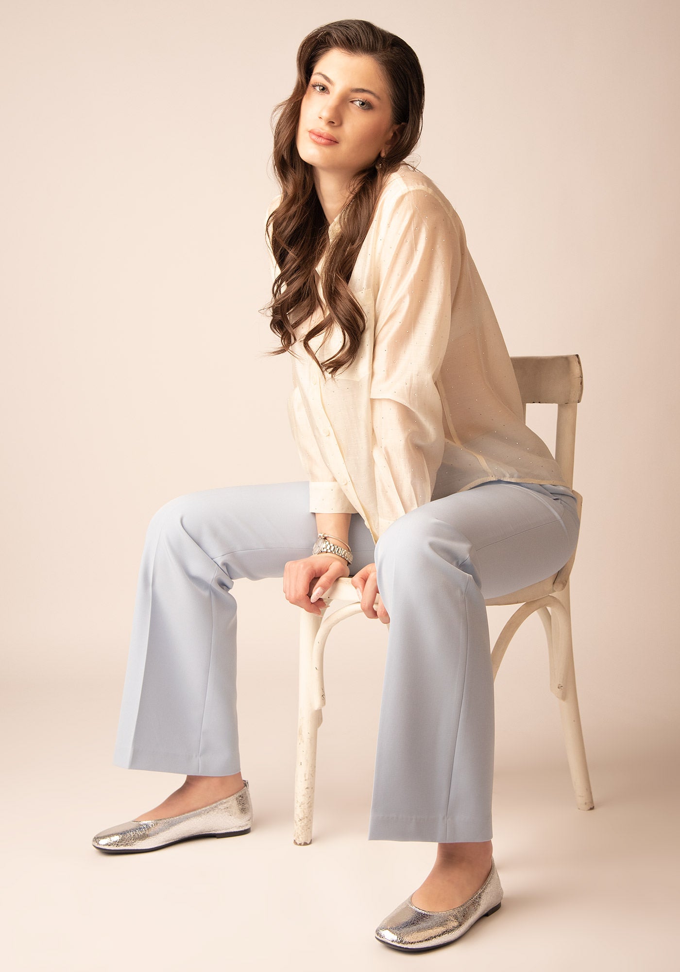 Sheer Glow Embellished Shirt in Ecru