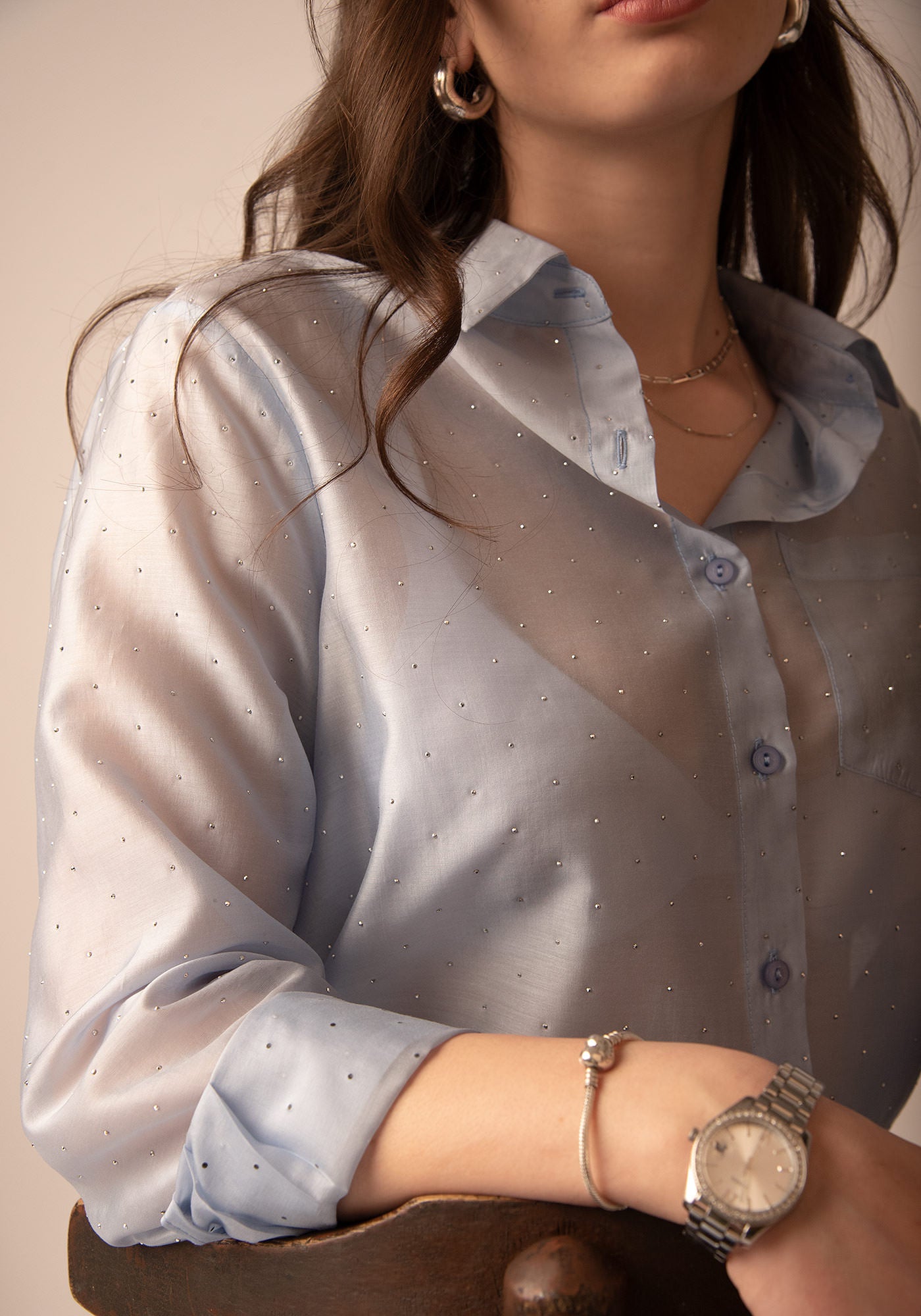 Sheer Glow Embellished Shirt in Sky blue
