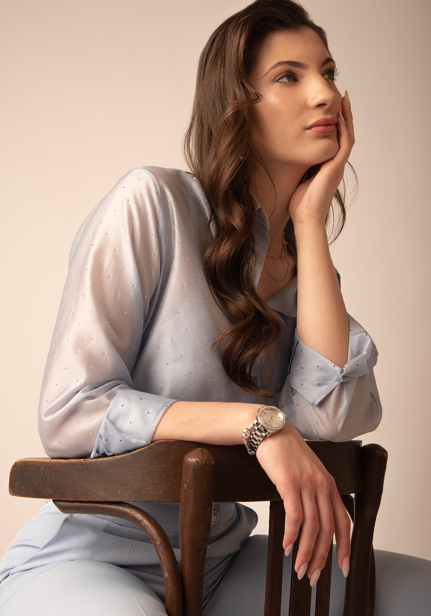 Sheer Glow Embellished Shirt in Sky blue