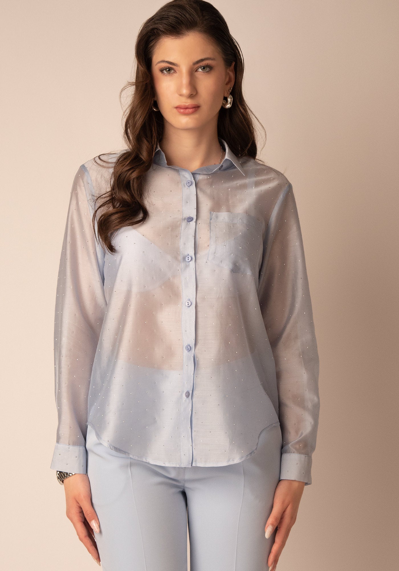 Sheer Glow Embellished Shirt in Sky blue