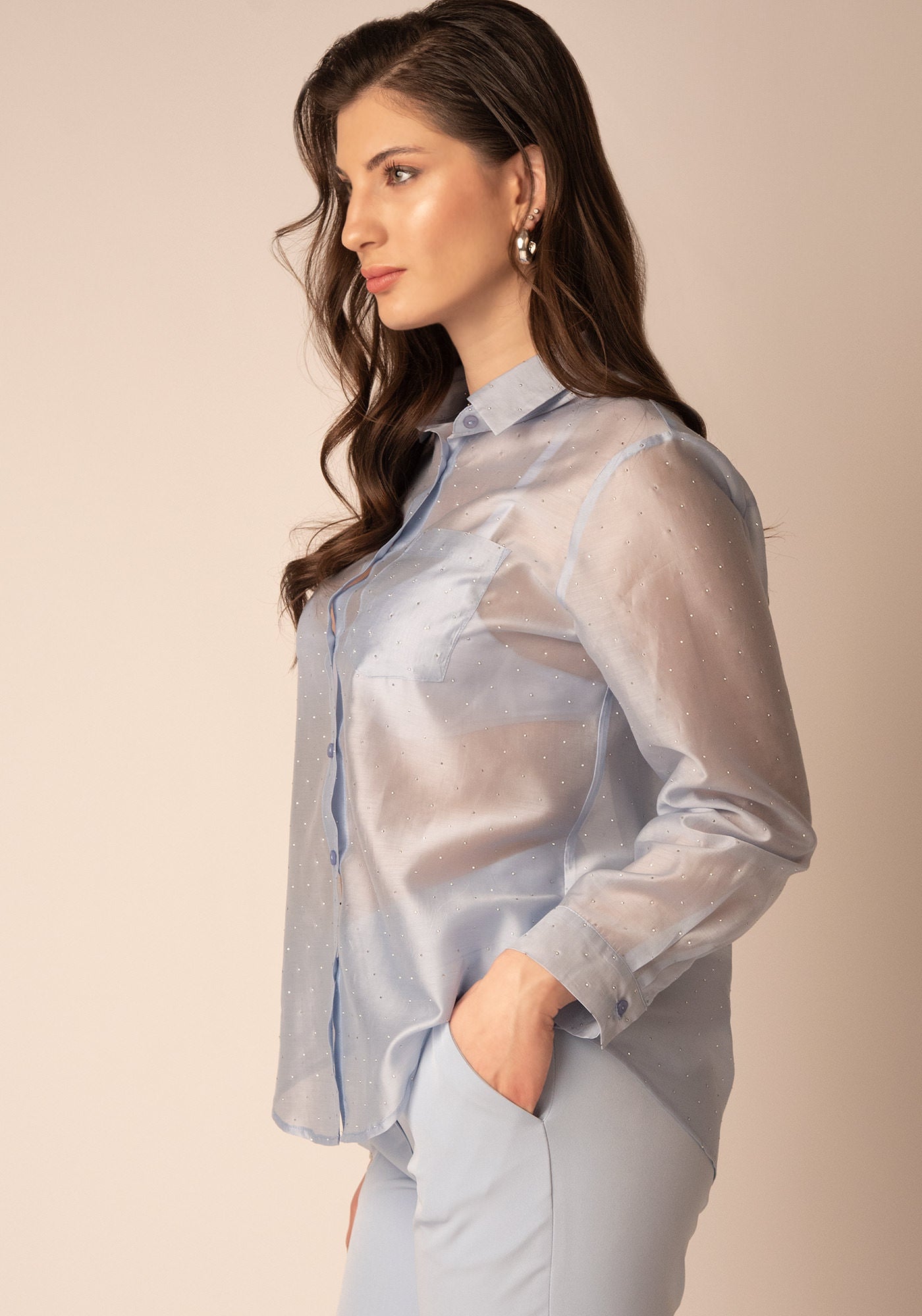 Sheer Glow Embellished Shirt in Sky blue