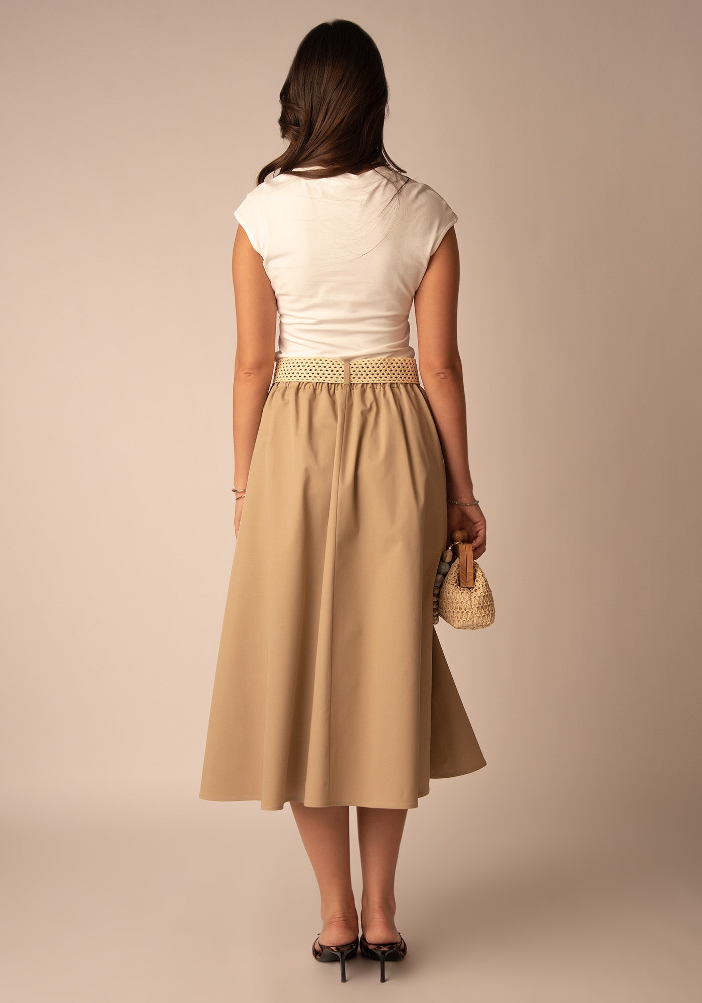 Flared Cotton Midi Skirt in Beige