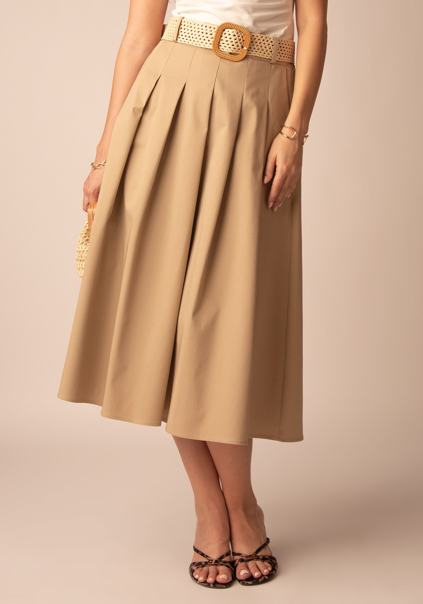 Flared Cotton Midi Skirt in Beige