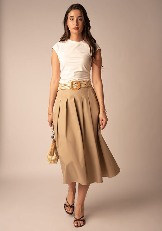 Flared Cotton Midi Skirt in Beige