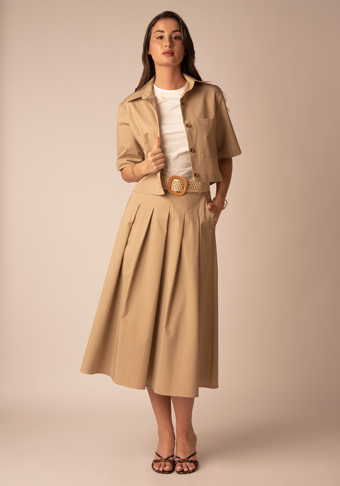 Flared Cotton Midi Skirt in Beige