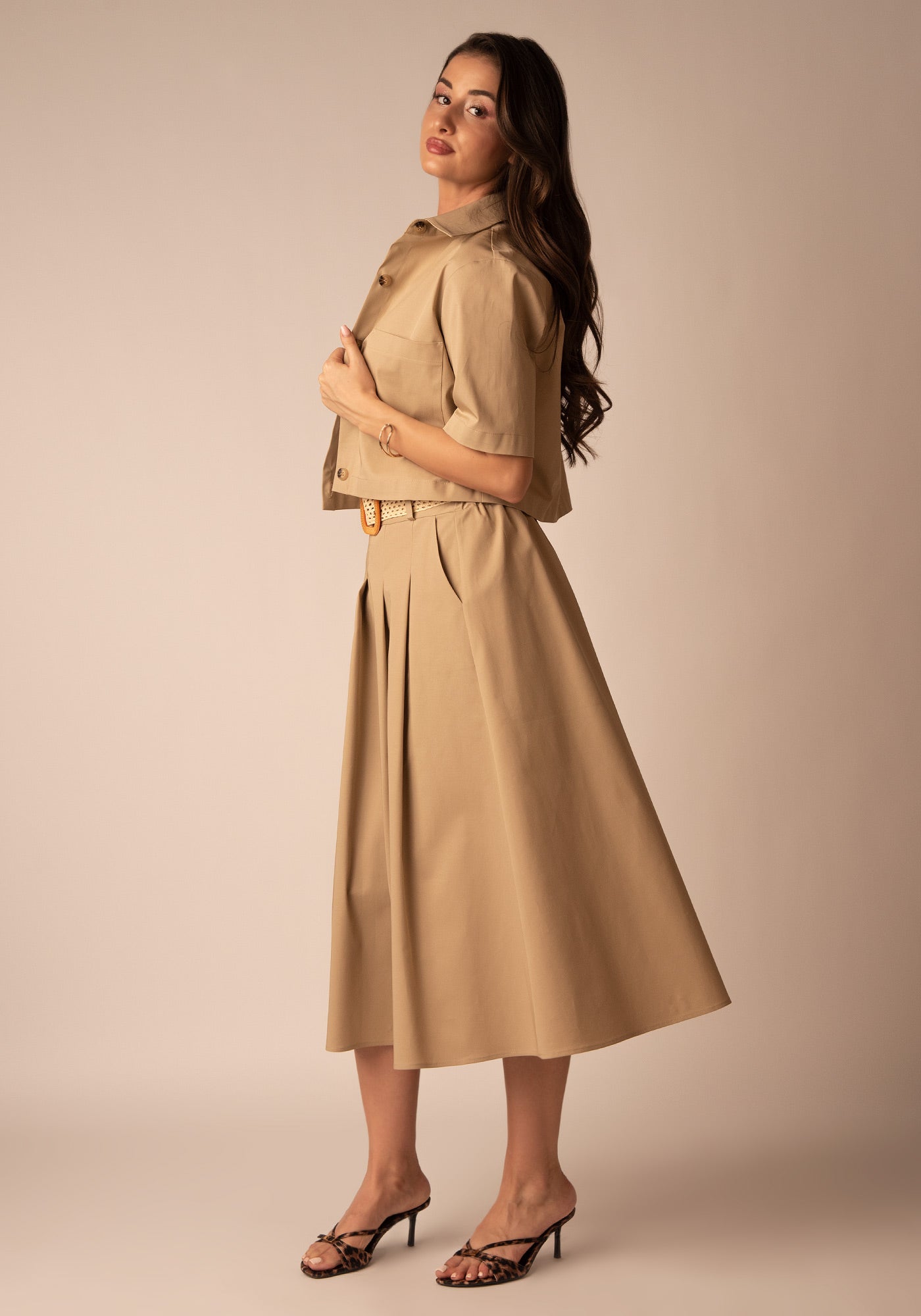Flared Cotton Midi Skirt in Beige