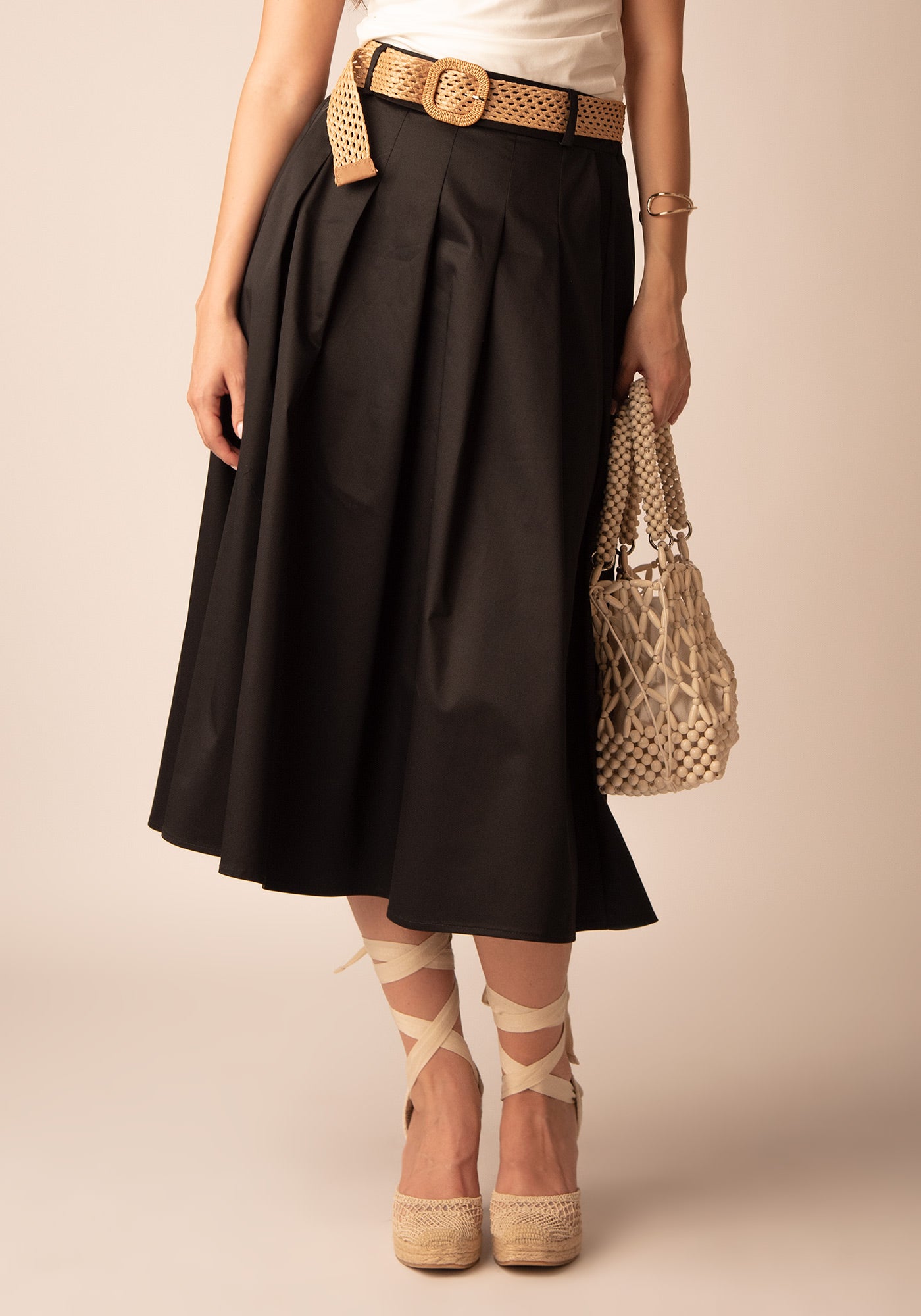 Flared Cotton Midi Skirt in Black