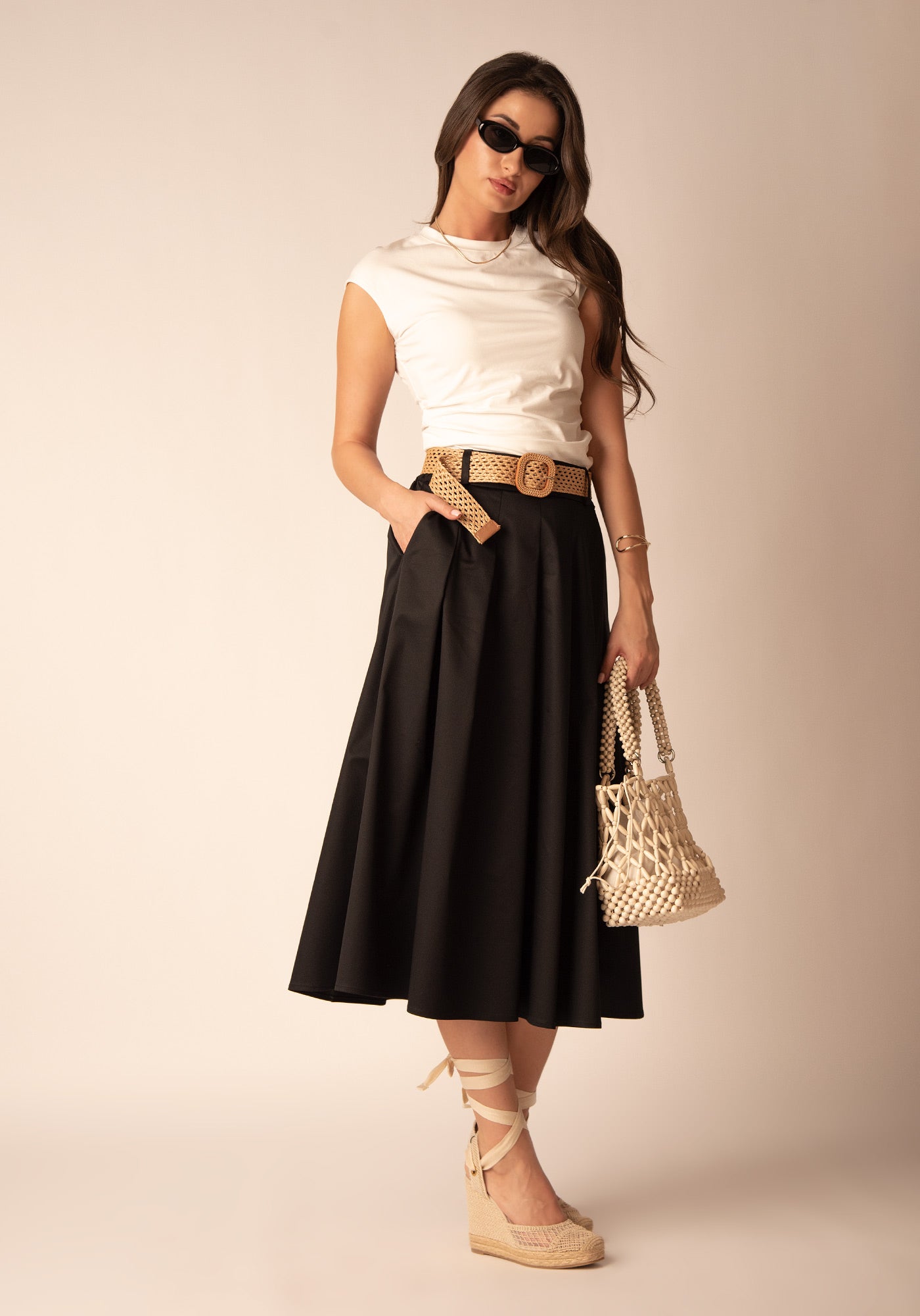 Flared Cotton Midi Skirt in Black