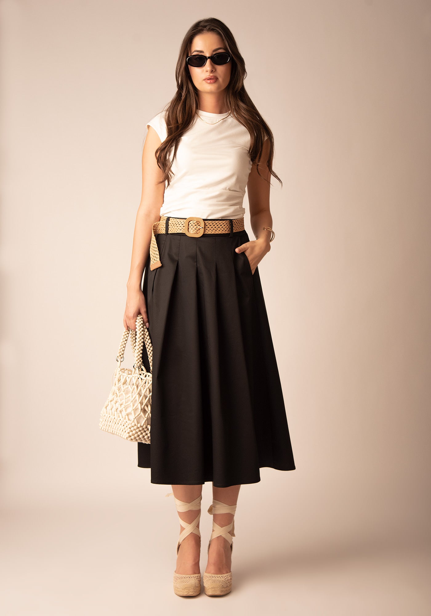 Flared Cotton Midi Skirt in Black