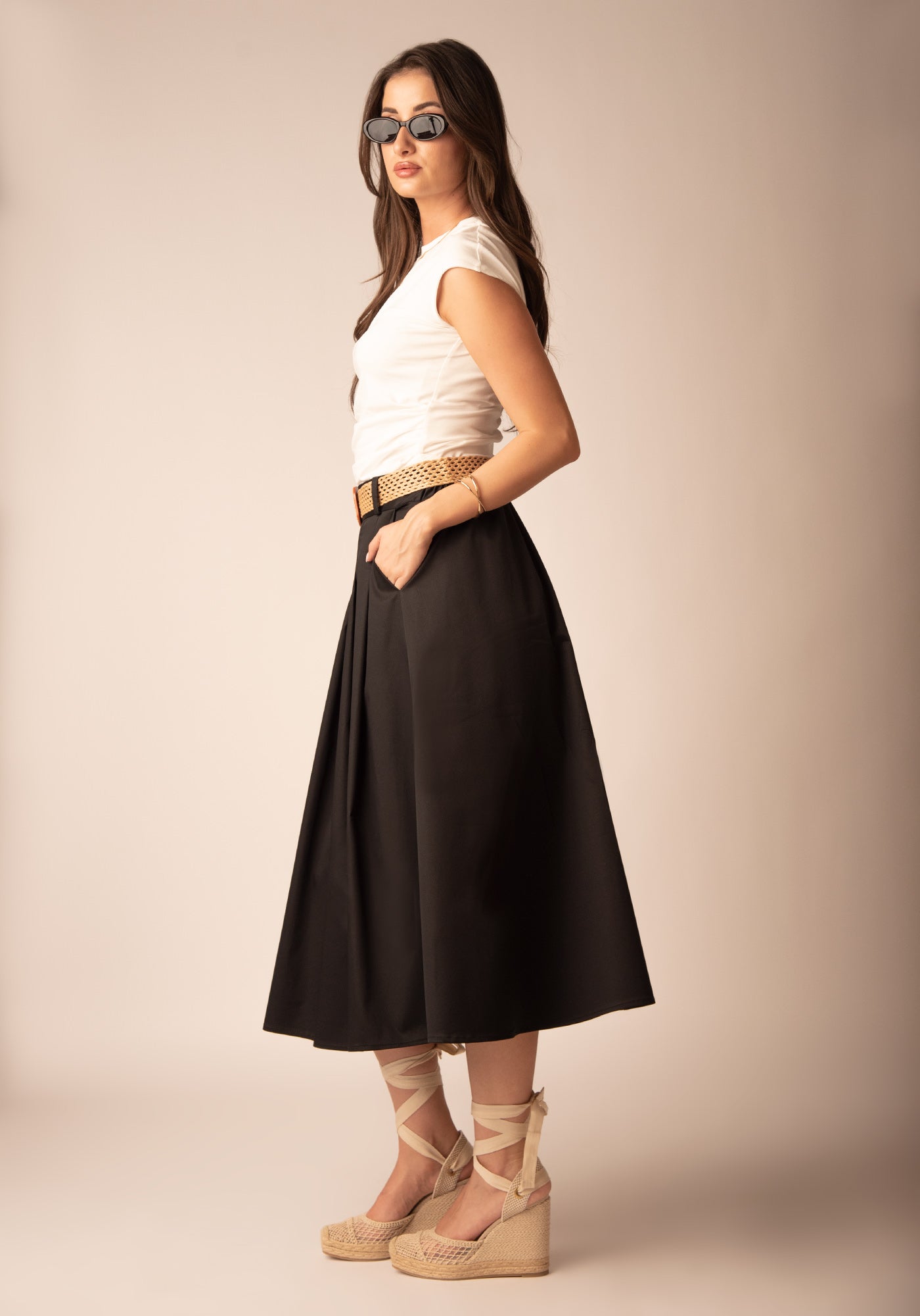 Flared Cotton Midi Skirt in Black