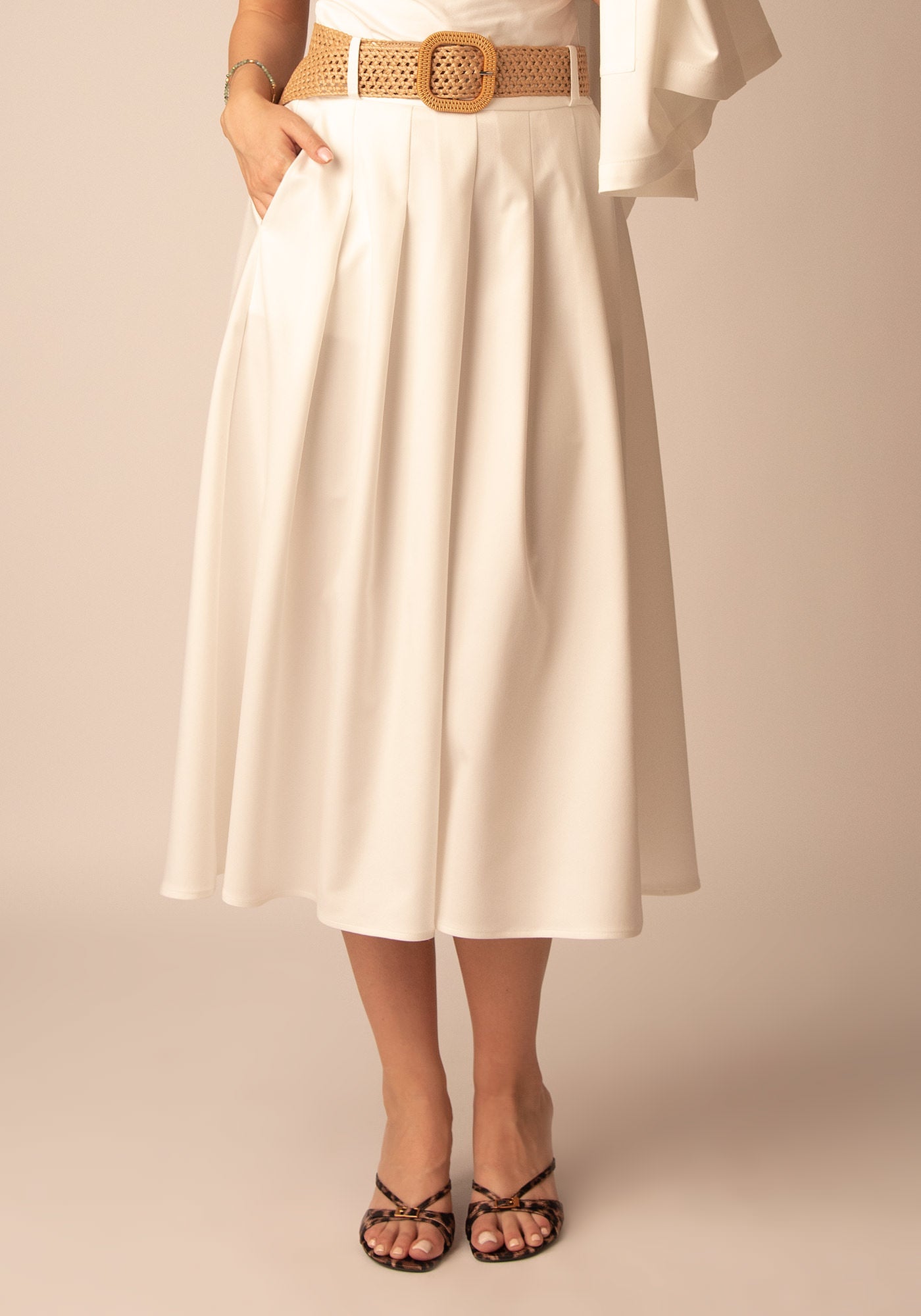 Flared Cotton Midi Skirt in Ecru