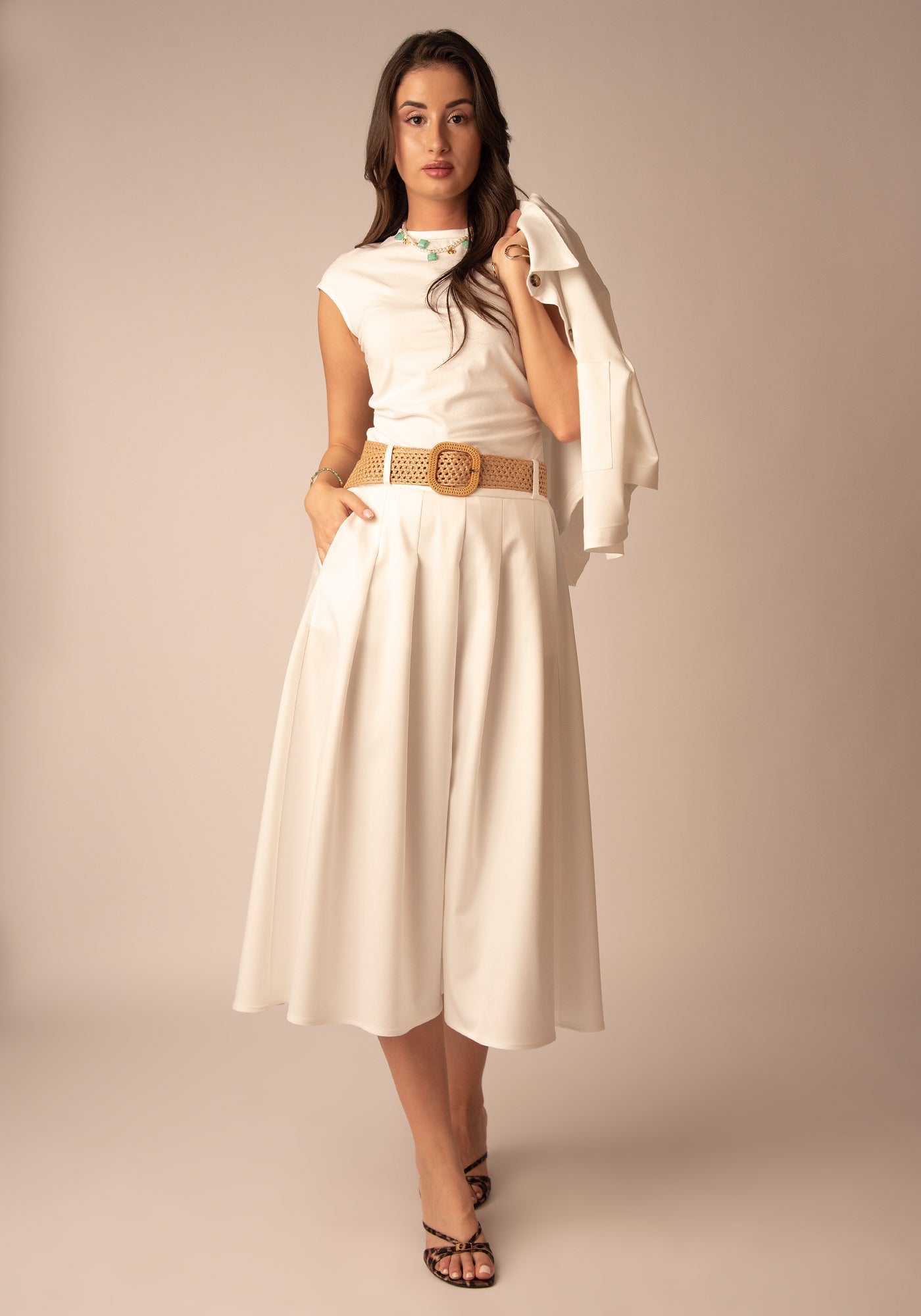 Flared Cotton Midi Skirt in Ecru