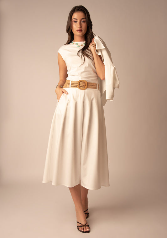 Flared Cotton Midi Skirt in Ecru
