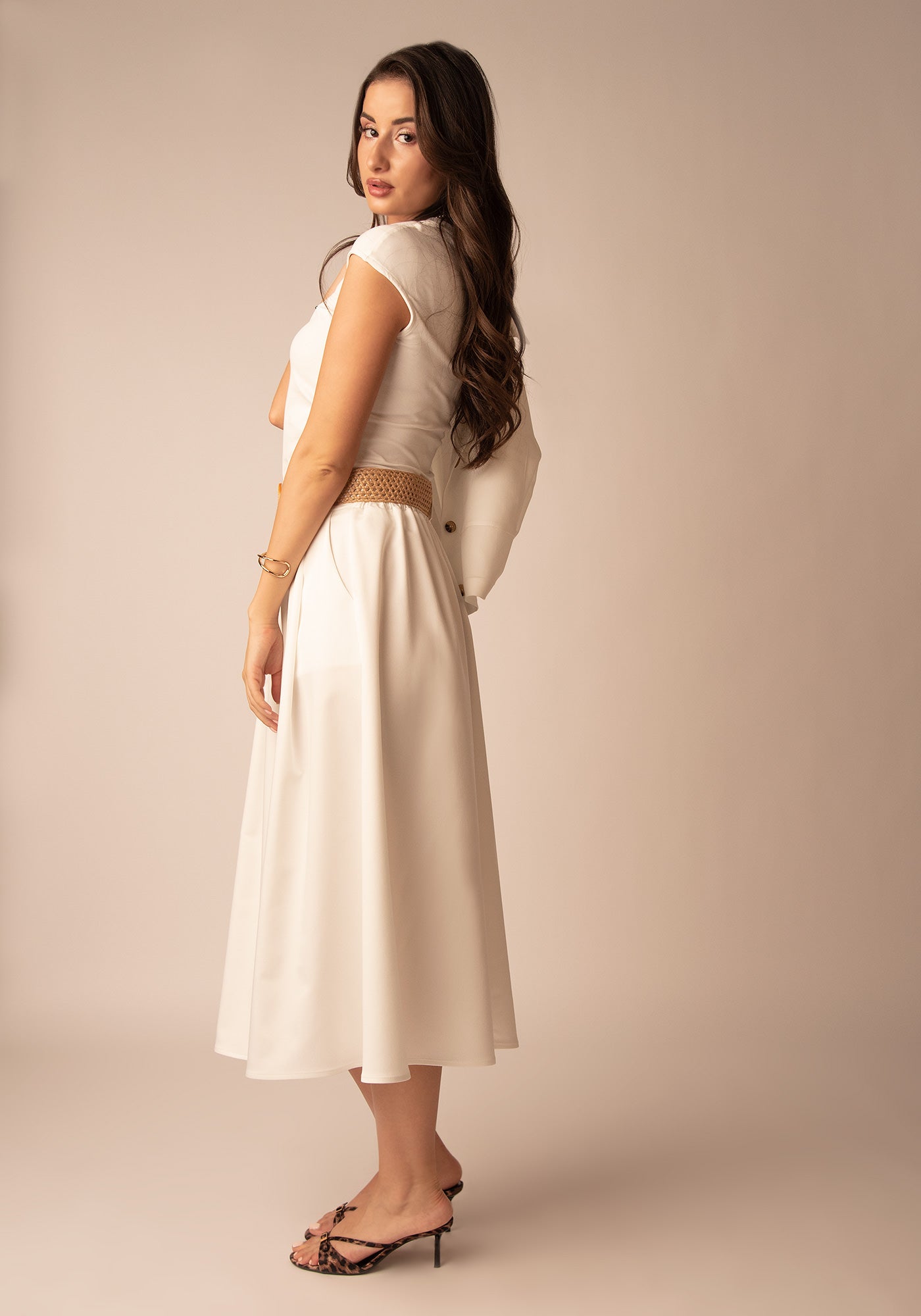 Flared Cotton Midi Skirt in Ecru