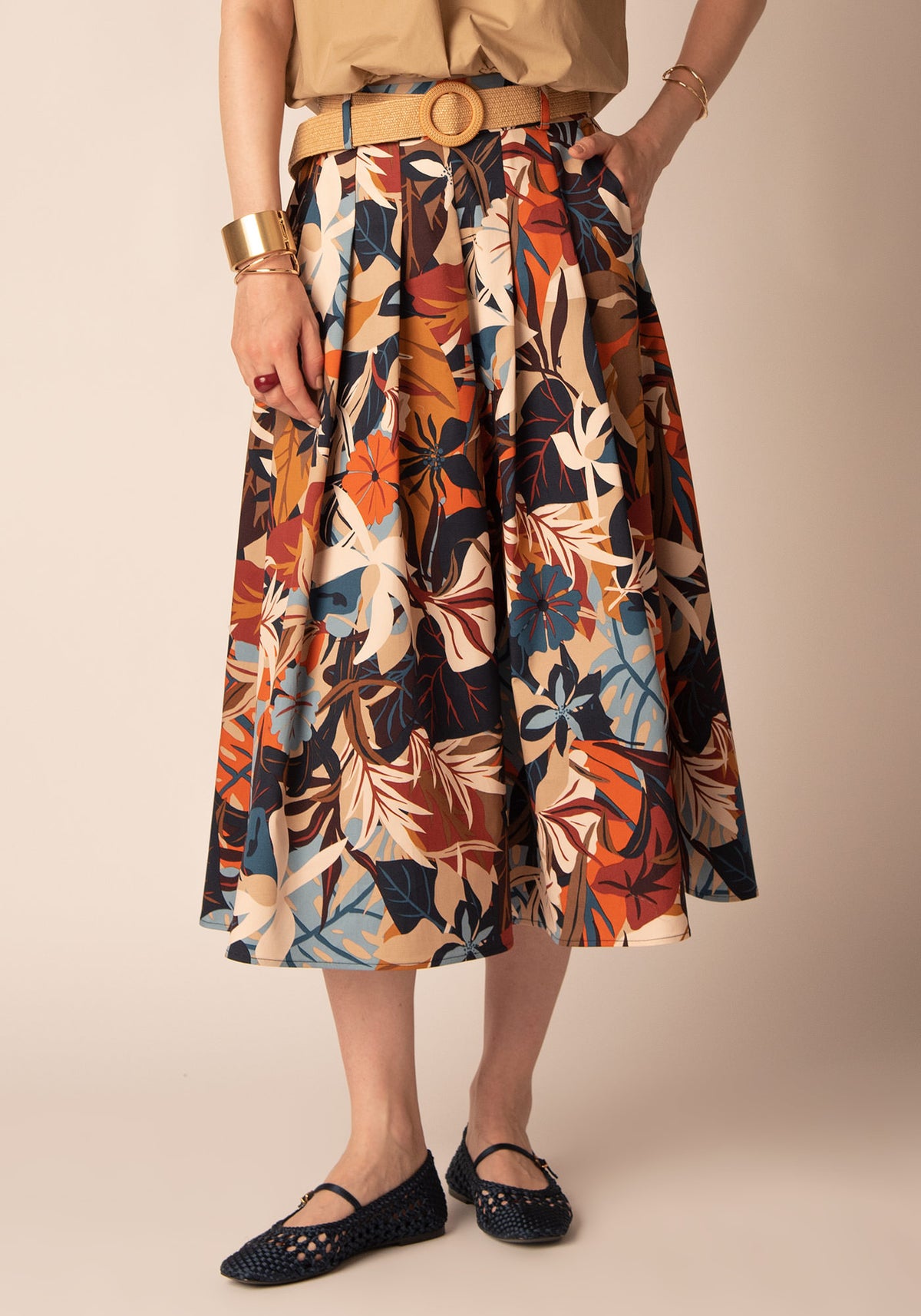 Flared Cotton Midi Skirt in Fall Florals