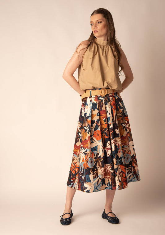 Flared Cotton Midi Skirt in Fall Florals