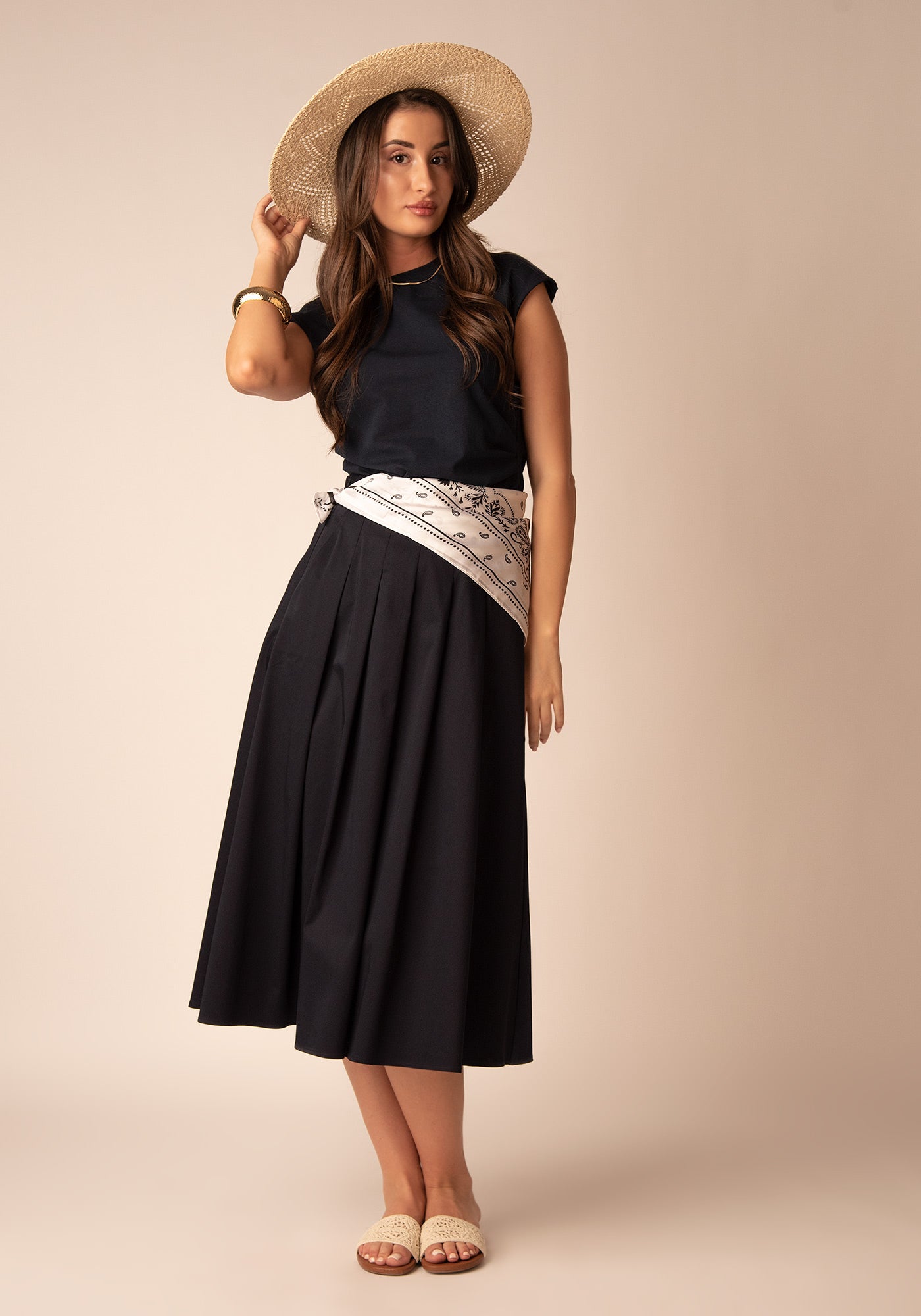 Flared Cotton Midi Skirt in Navy